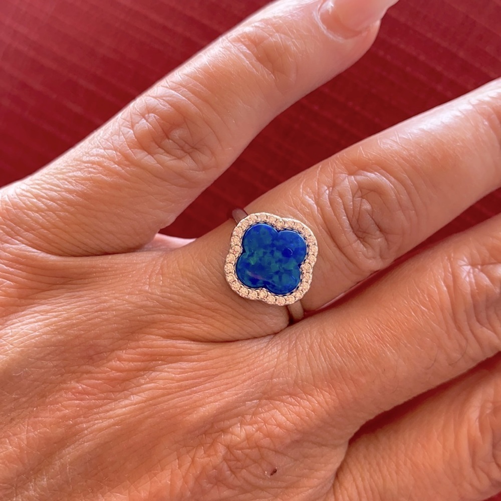 NEW 925 SILVER CLOVER RING BLUE OPAL RING - Picture 2 of 8